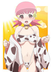Rule 34 | 1girl, animal print, backlighting, bell, black choker, blush, breasts, choker, commentary request, cow print, cowbell, cowboy shot, creatures (company), ear tag, game freak, groin, halterneck, highres, japanese clothes, kimono, kimono pull, large breasts, long sleeves, looking at viewer, low twintails, makoto daikichi, medium hair, navel, neck bell, nintendo, open mouth, partial commentary, pink eyes, pink hair, pokemon, pokemon gsc, print kimono, print swimsuit, pulled by self, slingshot swimsuit, solo, standing, sunlight, sweat, swimsuit, thigh gap, twintails, white kimono, whitney (pokemon), wide sleeves