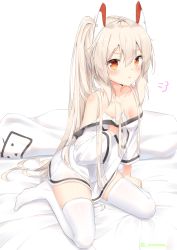 Rule 34 | 1girl, :t, ayanami (azur lane), ayanami (niconico) (azur lane), azur lane, bare shoulders, bed sheet, blush, breast lift, breasts, collarbone, eyes visible through hair, hand on own chest, headgear, highres, long hair, looking at viewer, off-shoulder shirt, off shoulder, orange eyes, oversized clothes, oversized shirt, ponytail, pout, shirt, sidelocks, silver hair, sironora, sitting, small breasts, solo, t-shirt, thighhighs, twitter username, wariza, white shirt, white thighhighs, zettai ryouiki