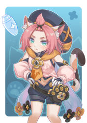 Rule 34 | 1girl, animal ear fluff, animal ears, bag, bangs pinned back, belt, black shorts, cat ears, cat girl, cat tail, commentary request, detached sleeves, diona (genshin impact), forehead, genshin impact, gloves, green eyes, hair ribbon, hands on own hips, hat, kaizeru, leaning forward, long sleeves, looking at viewer, paw print, pink hair, puffy detached sleeves, puffy shorts, puffy sleeves, ribbon, short hair, shorts, sidelocks, simple background, solo, tail, thick eyebrows, two-tone background, white gloves