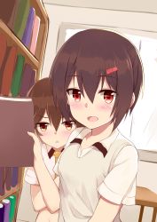 Rule 34 | 2girls, :d, absurdres, ayanami (warship girls r), blush, bookshelf, brown eyes, brown hair, character request, collared shirt, ero mang-a, hair between eyes, hair ornament, hairclip, highres, indoors, looking at viewer, multiple girls, necktie, open mouth, red eyes, shirt, short hair, short sleeves, sidelocks, smile, sweater vest, triangle mouth, upper body, warship girls r, white shirt, window, yellow necktie