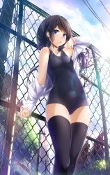 Rule 34 | 1girl, black hair, black thighhighs, blue eyes, blush, building, bush, chain-link fence, cloud, competition swimsuit, day, fence, highres, long hair, looking at viewer, one-piece swimsuit, open clothes, open mouth, open shirt, original, pole, power lines, revision, school swimsuit, shirt, sky, solo, swimsuit, thighhighs, tree, wingheart
