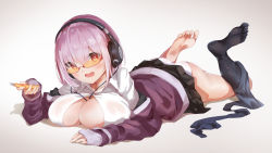 Rule 34 | 1girl, ass, barefoot, between breasts, black pantyhose, black skirt, blush, boxcutter, breast press, breasts, cleavage, collared shirt, condom, condom wrapper, faicha, glasses, gridman universe, headphones, heart, heart-shaped pupils, highres, holding, holding boxcutter, holding condom, jacket, large breasts, long sleeves, looking at viewer, lying, no bra, no shoes, off shoulder, on stomach, open clothes, open jacket, open mouth, panties, pantyhose, pantyhose around one leg, partially unbuttoned, pink hair, pleated skirt, purple jacket, red eyes, semi-rimless eyewear, shinjou akane, shirt, short hair, simple background, skirt, smile, soles, solo, ssss.gridman, symbol-shaped pupils, underwear, wet, wet clothes, white panties, white shirt