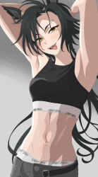 Rule 34 | 1girl, abs, absurdres, air shakur (umamusume), alternate costume, animal ears, armpits, arms up, belt, black hair, black sports bra, breasts, brown belt, commentary request, cowboy shot, ear ornament, ear piercing, eyebrow piercing, gradient background, grey pants, highres, horse ears, horse girl, horse tail, kumabachi315, long hair, navel, open belt, open mouth, pants, piercing, sharp teeth, small breasts, smile, solo, sports bra, stomach, tail, teeth, tongue, tongue out, umamusume, upper teeth only, very long hair, yellow eyes