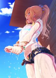 Rule 34 | 10s, 1girl, belt, bikini, bikini under clothes, blonde hair, blue eyes, blush, bracelet, breasts, cloud, commentary request, day, drying, drying clothes, highres, idolmaster, idolmaster cinderella girls, jewelry, long hair, looking away, maru (sara duke), medium breasts, ohtsuki yui, open belt, open fly, open mouth, ponytail, profile, shadow, short shorts, shorts, smile, solo, standing, striped bikini, striped clothes, swimsuit, swimsuit under clothes, unbuckled, unbuttoned, unzipped, water, wet, wet clothes