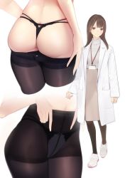 Rule 34 | 1girl, ama mitsuki, ass, black panties, black pantyhose, blush, breasts, brown eyes, brown hair, closed mouth, clothes pull, coat, cropped legs, crotch seam, duplicate, full body, groin, high-waist pantyhose, highres, lab coat, lanyard, long hair, long sleeves, looking at viewer, mole, mole on ass, multiple views, navel, original, panties, panties under pantyhose, panty pull, pantyhose, pantyhose pull, pulled by self, shoes, simple background, skindentation, skirt, smile, sneakers, standing, string panties, sweater, thighband pantyhose, thighs, thong, underwear, undressing, white background