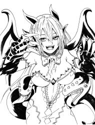 Rule 34 | 1girl, :d, animal ears, animal hands, bad id, bad twitter id, breasts, claws, commentary, dragon girl, dress, english commentary, extra mouth, extra tongue, gecho, greyscale, hair between eyes, hand up, highres, horns, jabberwock (monster girl encyclopedia), large breasts, looking at viewer, monochrome, monster girl, monster girl encyclopedia, open mouth, simple background, smile, solo, standing, tentacles, white background, wings