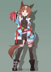 Rule 34 | 1girl, animal ears, badge, belt, black footwear, black gloves, black shirt, black shorts, black thighhighs, blue coat, boots, breasts, brown hair, button badge, character name, closed mouth, coat, contrapposto, ear ornament, fanny pack, fingerless gloves, full body, gloves, green background, hand on own hip, hand up, headphones, headphones around neck, highres, horse ears, horse girl, horse tail, long sleeves, looking at viewer, open clothes, open coat, pointing, pointing at self, red eyes, satomura kyou, shadow, shirt, short hair, shorts, simple background, small breasts, smile, solo, standing, straight-on, tail, thighhighs, tongue, tongue out, transcend (umamusume), umamusume