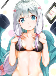 Rule 34 | 10s, 1girl, aqua eyes, arms at sides, bikini, black bikini, blush, bow, breasts, closed mouth, collarbone, drawing tablet, eromanga sensei, gradient hair, hair bow, hands on own chest, hands up, highres, izumi sagiri, jacket, long hair, looking at viewer, low-tied long hair, medium breasts, multicolored hair, na53, navel, pink bow, purple hair, silver hair, solo, stylus, swimsuit, tareme, upper body