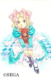 Rule 34 | 1girl, apron, blonde hair, blue bow, blue bowtie, blue eyes, bow, bowtie, checkered floor, child, dress, english text, frilled apron, frilled sleeves, frills, green dress, green sleeves, hair bow, iris chateaubriand, jean-paul, juliet sleeves, leaning forward, long sleeves, looking at viewer, mary janes, matsubara hidenori, nose, official art, parted lips, pink bow, puffy sleeves, sakura taisen, sega, shoes, simple background, sitting, solo, solo focus, stuffed animal, stuffed toy, teddy bear, white background
