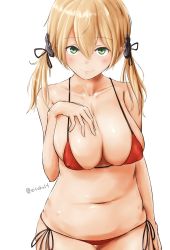 Rule 34 | 1girl, absurdres, bikini, blonde hair, blush, breasts, collarbone, covered erect nipples, green eyes, hair ornament, hentai eikoku shinshi, highres, kantai collection, large breasts, long hair, looking at viewer, low twintails, micro bikini, navel, prinz eugen (kancolle), red bikini, side-tie bikini bottom, simple background, smile, solo, stomach, swimsuit, twintails, twitter username, white background