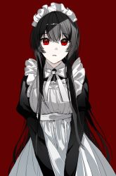 Rule 34 | 1girl, apron, black dress, black hair, bow, bowtie, commentary, cowboy shot, dress, expressionless, frilled dress, frills, long hair, long sleeves, looking at viewer, maid, maid apron, maid headdress, naru (ul), open mouth, original, pale skin, parted lips, puffy sleeves, red background, red eyes, simple background, solo, standing, v arms, very long hair, white bow, white bowtie, wing collar