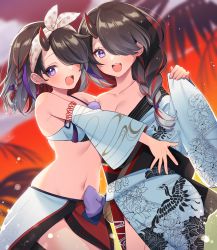 Rule 34 | 2girls, :d, absurdres, bare shoulders, bikini, black hair, blurry, blurry background, braid, breasts, cleavage, collarbone, commission, copyright request, depth of field, detached sleeves, fang, floral print, hair over one eye, hair over shoulder, highres, horns, japanese clothes, kimono, long hair, long sleeves, looking at viewer, medium breasts, multicolored hair, multiple girls, navel, open mouth, pinching sleeves, polka dot, polka dot ribbon, print kimono, purple eyes, purple hair, red hair, ribbon, sakura chiyo (konachi000), single braid, single horn, sleeves past wrists, smile, streaked hair, swimsuit, teeth, upper teeth only, virtual youtuber, white bikini, white kimono, white ribbon, white sleeves, wide sleeves
