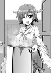 Rule 34 | 10s, 1girl, artist name, breasts, female focus, food, greyscale, hiei (kancolle), indoors, kantai collection, kiryuu makoto, large breasts, looking at viewer, monochrome, one eye closed, short hair, solo