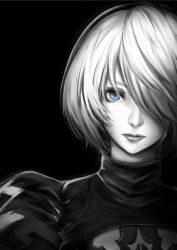 Rule 34 | 1girl, android, black background, black dress, blue eyes, cleavage cutout, clothing cutout, dress, eye focus, greyscale, hair between eyes, hair over one eye, lips, looking at viewer, mole, mole under mouth, monochrome, nier:automata, nier (series), portrait, re (re 09), resolution mismatch, robot, short hair, silver hair, solo, source smaller, 2b (nier:automata)