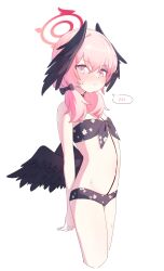 Rule 34 | 1girl, bare arms, bare legs, bare shoulders, bikini, black bikini, black wings, blue archive, blush, closed mouth, cowboy shot, cropped legs, floral print, hair between eyes, halo, head wings, highres, jambujok, koharu (blue archive), koharu (swimsuit) (blue archive), long hair, official alternate costume, pink eyes, pink hair, print bikini, red halo, simple background, solo, spoken blush, swimsuit, twintails, white background, wings