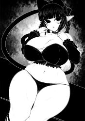 Rule 34 | 1girl, animal ears, blunt bangs, bow, bra, braid, breasts, cat ears, cat girl, cat tail, cleavage, collar, commentary request, cross-laced clothes, curvy, detached sleeves, extra ears, frilled bra, frills, greyscale, hair bow, haseru (ginku mh), heart, huge breasts, kaenbyou rin, looking at viewer, monochrome, multiple tails, navel, nekomata, open mouth, panties, pointy ears, side braids, sidelocks, solo, tail, touhou, twin braids, two tails, underwear