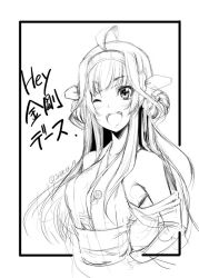 Rule 34 | 10s, 1girl, ;), ahoge, alternate costume, blush, breasts, detached sleeves, greyscale, headgear, kantai collection, kongou (kancolle), long hair, monochrome, one eye closed, open mouth, personification, sakula, sketch, smile, solo, translation request, wink