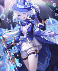 Rule 34 | 1girl, absurdres, ahoge, air bubble, ascot, asymmetrical gloves, black gloves, blue ascot, blue bow, blue brooch, blue eyes, blue hair, blue hat, blue jacket, bow, bubble, cowboy shot, furina (genshin impact), genshin impact, gloves, gosmfl, hat, heterochromia, highres, jacket, light blue hair, long hair, looking at viewer, mismatched gloves, multicolored hair, open mouth, shorts, smile, solo, spotlight, standing, streaked hair, top hat, two-tone hair, vision (genshin impact), white gloves, white hair, white shorts