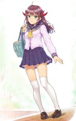 Rule 34 | 1girl, ahoge, arm at side, bag, closed mouth, dutch angle, full body, green eyes, highres, komase (jkp423), loafers, long hair, long sleeves, looking at viewer, original, outdoors, pigeon-toed, pleated skirt, purple hair, school uniform, shoes, shoulder bag, skirt, smile, solo, thighhighs, two side up, white thighhighs