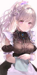 Rule 34 | 1girl, apron, blue flower, blurry, braid, breasts, brown dress, center frills, commentary request, detached sleeves, dress, expressionless, flower, frills, hair flower, hair ornament, highres, large breasts, long hair, looking at viewer, maid, original, parted lips, pink eyes, ponytail, puracotte, purple flower, short sleeves, simple background, solo, upper body, white apron, white background, white hair, wrist cuffs