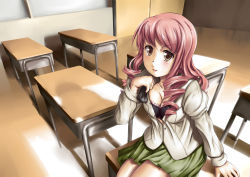 Rule 34 | 10s, 1girl, :p, blush, bowtie, breasts, brown eyes, classroom, cleavage, desk, drill hair, highres, katawa shoujo, long hair, mikado shiina, on desk, open clothes, open shirt, pink hair, puffy sleeves, school, school desk, school uniform, shirt, sitting, on desk, skirt, softmode, solo, tongue, tongue out, twin drills, twintails, unbuttoned, unworn bowtie, wallpaper, yellow eyes