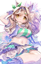 Rule 34 | 1girl, alternate costume, alternate hairstyle, arms up, blush, breasts, brown hair, collarbone, commentary request, fingerless gloves, flower, gloves, hair ornament, hairclip, highres, looking at viewer, matikane tannhauser (blue turbulence) (umamusume), matikane tannhauser (umamusume), medium breasts, medium hair, midriff, navel, solo, thighs, umamusume, usapenpen2019, white background