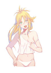Rule 34 | 1girl, blonde hair, breasts, cleavage, clothes pull, collarbone, covered erect nipples, fate/apocrypha, fate (series), floating hair, green eyes, groin, hair between eyes, hand on own hip, head tilt, highres, long hair, medium breasts, midriff, mordred (fate), mordred (fate/apocrypha), navel, open mouth, panties, ponytail, see-through, shiny skin, shirt, shirt pull, sideboob, simple background, sleeveless, sleeveless shirt, solo, stomach, underwear, white background, white panties, white shirt, xion32