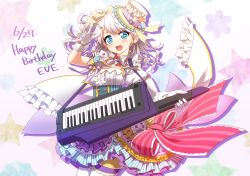 Rule 34 | 1girl, :d, arm up, bang dream!, blue eyes, blush, bow, breasts, center frills, commentary request, cowboy shot, dated, earrings, frilled skirt, frills, gloves, hair bow, happy birthday, holding, holding instrument, instrument, jewelry, keytar, medium breasts, mizunashi (second run), one side up, open mouth, puffy short sleeves, puffy sleeves, purple skirt, red bow, shirt, short sleeves, skirt, smile, solo, star (symbol), striped, striped bow, thighhighs, tilted headwear, wakamiya eve, white bow, white gloves, white hair, white headwear, white shirt, white thighhighs