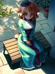 Rule 34 | 1girl, :3, animal ears, bench, blush, body fur, brown eyes, brown hair, dappled sunlight, dog ears, dog girl, dog tail, dress, flower, flower pot, frilled sleeves, frills, from above, full body, furry, furry female, green dress, hands on lap, hat, leaf, long dress, long sleeves, looking at viewer, lyc, mini hat, outdoors, own hands together, pavement, phyracorlybia dorio, plant, potted plant, shade, shuumatsu nani shitemasu ka?, sitting, solo, sunlight, tail, v arms, vase