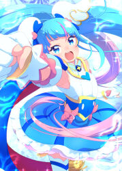 Rule 34 | 1girl, ahoge, arm up, armpits, blue cape, blue dress, blue eyes, blue hair, cape, cure sky, detached sleeves, dress, fingerless gloves, frilled dress, frills, gloves, hair ornament, highres, hirogaru sky! precure, long hair, looking at viewer, magical girl, multicolored cape, multicolored clothes, multicolored hair, open mouth, petticoat, pink hair, precure, puffy detached sleeves, puffy sleeves, red cape, solo, sora harewataru, striped clothes, striped dress, sw (taco), thighhighs, twintails, vertical-striped clothes, vertical-striped dress, very long hair, white gloves, white thighhighs