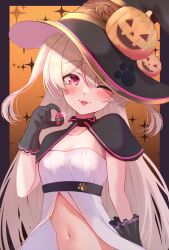 Rule 34 | 1girl, black gloves, blonde hair, blush, border, brown border, buket pudding i, closed mouth, collarbone, commentary, dress, english commentary, gloves, halloween, hat, highres, holding, holding vial, indie virtual youtuber, long hair, looking at viewer, multicolored hair, navel, one eye closed, orange background, outside border, pink eyes, pink hair, pumpkin hat ornament, sakayori pepa, smile, solo, sparkle background, stomach, streaked hair, tongue, tongue out, upper body, very long hair, virtual youtuber, white dress, witch, witch hat