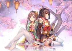 Rule 34 | 2boys, black hair, blue eyes, cherry blossoms, floral print, hair ornament, holding hands, highres, japanese clothes, jewelry, kimono, lantern, long hair, male focus, multiple boys, musyne xsk, necklace, no shoes, obi, original, pantyhose, ponytail, red eyes, reflective floor, sash, scroll, silver hair, sitting, smile, thighband pantyhose, thighhighs, trap, tree, very long hair, white legwear, zettai ryouiki