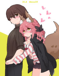Rule 34 | 1boy, 1girl, animal ear fluff, animal ears, artist name, black bow, blush, bow, bra, breasts, brown eyes, brown hair, cleavage, closed mouth, commentary request, fate/extra, fate/extra ccc, fate (series), fox ears, fox girl, fox tail, hair between eyes, hair bow, heart, hetero, holding hands, hood, hoodie, kishinami hakuno (male), large breasts, long hair, long sleeves, looking at another, lovestruck, open clothes, open hoodie, osakana (rrg0123), pink bra, pink hair, pink hoodie, short shorts, shorts, sidelocks, striped clothes, striped hoodie, sweatdrop, sweater, tail, tamamo (fate), tamamo no mae (fate/extra), tamamo no mae (spring casual) (fate), tsukumihara academy uniform (fate/extra ccc), twitter username, underwear, white background, white bow, yellow background, yellow eyes