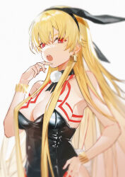 Rule 34 | 1girl, animal ears, bare shoulders, black leotard, blonde hair, bracelet, breasts, cleavage, detached collar, earrings, fake animal ears, fake tail, fate/grand order, fate (series), genderswap, genderswap (mtf), gilgamesh (fate), hair between eyes, hand on own hip, hand on own chin, highres, jewelry, k7 (kk7 000), leotard, long hair, looking at viewer, medium breasts, open mouth, playboy bunny, rabbit ears, rabbit tail, red eyes, simple background, solo, strapless, strapless leotard, tail, tattoo, teeth, upper teeth only, very long hair, white background
