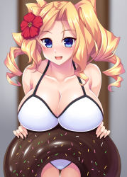 Rule 34 | 1girl, absurdres, bare arms, bare legs, bare shoulders, blonde hair, blue eyes, blush, breasts, cleavage, collarbone, cowboy shot, drill hair, flower, hair flower, hair ornament, highres, honolulu (kancolle), innertube, kantai collection, large breasts, long hair, one-piece swimsuit, open mouth, red flower, ruin re birth, smile, solo, swim ring, swimsuit, twin drills, twintails, white one-piece swimsuit