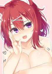 Rule 34 | 1girl, :3, absurdres, amairo islenauts, animal ear fluff, animal ears, bare arms, bare shoulders, blush, breast hold, breasts, cleavage, collarbone, commentary request, completely nude, covering privates, covering breasts, eyelashes, fang, full-face blush, hair between eyes, hair ornament, hand up, heart, highres, large breasts, looking to the side, masaki gaillard, medium hair, nude, open mouth, pink background, presenting, purple eyes, red hair, seductive smile, segaxtu, shiny skin, sidelocks, simple background, smile, smug, solo, swimsuit, wolf ears, wolf girl, x hair ornament