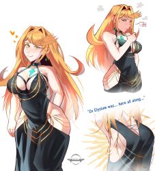 Rule 34 | 1girl, alternate costume, ass, black dress, blonde hair, blush, breasts, butt crack, cleavage, dedhed art, dress, earrings, embarrassed, english text, gold, highres, hip vent, jewelry, large breasts, modakawa dress, mythra (xenoblade), o-ring, smile, sweatdrop, white background, xenoblade chronicles (series), xenoblade chronicles 2, yellow eyes