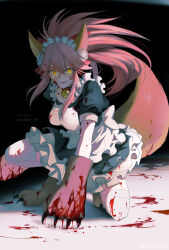 Rule 34 | 1girl, absurdres, animal ear fluff, animal ears, animal hands, apron, bell, black dress, blood, blood in hair, blood on clothes, blood on face, blood on hands, blood splatter, breasts, cat paws, dress, fate/grand order, fate (series), fox ears, fox girl, fox tail, gloves, highres, jingle bell, large breasts, long hair, maid, maid apron, maid headdress, minoe08, neck bell, paw gloves, paw shoes, pink hair, ponytail, puffy short sleeves, puffy sleeves, short dress, short sleeves, solo, tail, tamamo (fate), tamamo cat (fate), tamamo cat (second ascension) (fate), thighhighs, white thighhighs, yellow eyes