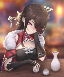 Rule 34 | 1girl, alcohol, beidou (genshin impact), blush, breasts, brown hair, capelet, cleavage, cup, drink, eyepatch, fingerless gloves, fur trim, genshin impact, gloves, hair ornament, half-closed eyes, highres, large breasts, looking at viewer, red eyes, smile, solo, table, upper body, yuki7128