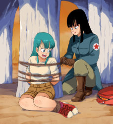 Rule 34 | 2girls, absurdres, arms behind back, bdsm, black hair, blue eyes, blue hair, bondage, bound, bound ankles, bound arms, bound wrists, breasts, bulma, dragon ball, highres, legs, lipstick, lost one zero, mai (dragon ball), makeup, medium breasts, multiple girls, shirt, shoes, shorts, smile, sneakers, white shirt