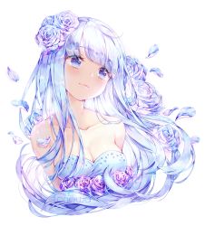 Rule 34 | bare arms, bare shoulders, blue eyes, blue hair, breasts, cleavage, collarbone, commission, flower, hair flower, hair ornament, long hair, looking to the side, original, petals, portrait, rose, smile, solo, tonowa, transparent background, upper body, white hair