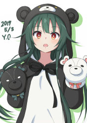 Rule 34 | 1girl, animal costume, animal ears, animal hood, bear costume, bear ears, bear hood, blush, brown eyes, colored shadow, dated, green hair, hand puppet, hood, hood up, kuma kuma kuma bear, long hair, long sleeves, looking at viewer, open mouth, puppet, shadow, simple background, solo, upper body, very long hair, white background, yukyon, yuna (kuma kuma kuma bear)