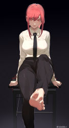 Rule 34 | 1girl, absurdres, barefoot, black background, blouse, chainsaw man, collared shirt, feet, foot focus, foreshortening, hair between eyes, highres, kikimifukuri, long hair, looking at viewer, makima (chainsaw man), necktie, parted lips, red eyes, red hair, ringed eyes, shirt, simple background, soles, table, toes, white shirt