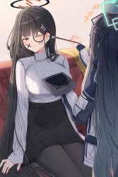 Rule 34 | +++, 2girls, absurdly long hair, absurdres, aris (blue archive), black hair, black pantyhose, black skirt, blue archive, blush, breasts, calligraphy brush, green halo, hair ornament, hairpin, halo, highres, holding, holding brush, large breasts, leonardo 566, long hair, long sleeves, multiple girls, one eye closed, one side up, open mouth, paintbrush, pantyhose, pleated skirt, red eyes, ribbed sweater, rio (blue archive), skirt, sweater, turtleneck, turtleneck sweater, very long hair, white sweater