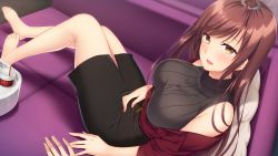 Rule 34 | 1girl, ayase hazuki, bare shoulders, barefoot, black skirt, blush, breasts, brown hair, couch, embarrassed, feet, from above, game cg, highres, indoors, jacket, large breasts, legs, long hair, looking at viewer, off shoulder, open mouth, orange eyes, original, pillow, pov, sitting, skirt, smile, tachibana iori, thighs, toes, turtleneck, yubisaki connection
