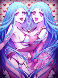 Rule 34 | 2girls, :d, asymmetrical docking, bad id, bad pixiv id, bare shoulders, bikini, blue hair, bow, breast press, breasts, cherry, cleavage, clone, collarbone, dress, drooling, elbow gloves, food, fruit, gloves, h sueun, hand on another&#039;s hip, heart, long hair, looking at viewer, me!me!me!, meme (me!me!me!), multiple girls, navel, open mouth, pink dress, purple eyes, purple gloves, short dress, sideboob, signature, smile, striped bikini, striped clothes, swimsuit, symmetrical docking, tongue, tongue out, underboob, very long hair