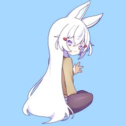 Rule 34 | 1girl, animal ears, blue background, cross (vgne4542), fox ears, highres, long hair, phase connect, purple eyes, simple background, sitting, solo, tenma maemi, white hair