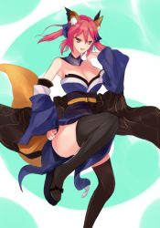 Rule 34 | 10s, 1girl, animal ears, bad id, bad pixiv id, bare shoulders, bow, breasts, cleavage, detached sleeves, fate/extra, fate (series), fox ears, fox tail, geta, hair bow, hair ribbon, japanese clothes, medium breasts, pink hair, ribbon, solo, sound tamashi, tail, tamamo (fate), tamamo no mae (fate/extra), thighhighs, twintails, yellow eyes