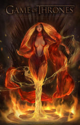 Rule 34 | 1girl, 2017, a song of ice and fire, absurdres, breasts, brown eyes, commentary, copyright name, dress, english text, fire, full body, game of thrones, gem, green eyes, highres, kim eul bong, large breasts, long hair, looking at viewer, md5 mismatch, melisandre, navel, outstretched arm, parted lips, realistic, red dress, solo, sparkle, standing, throne, watermark