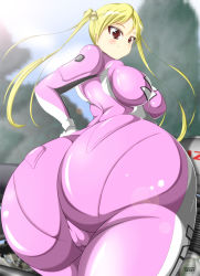 Rule 34 | 10s, 1girl, ass, bakuon!!, blonde hair, blush, bodysuit, breasts, brown eyes, from behind, huge ass, lapiness, large breasts, long hair, looking at viewer, shiny clothes, skin tight, smile, solo, suzunoki rin, twintails, yuri usa